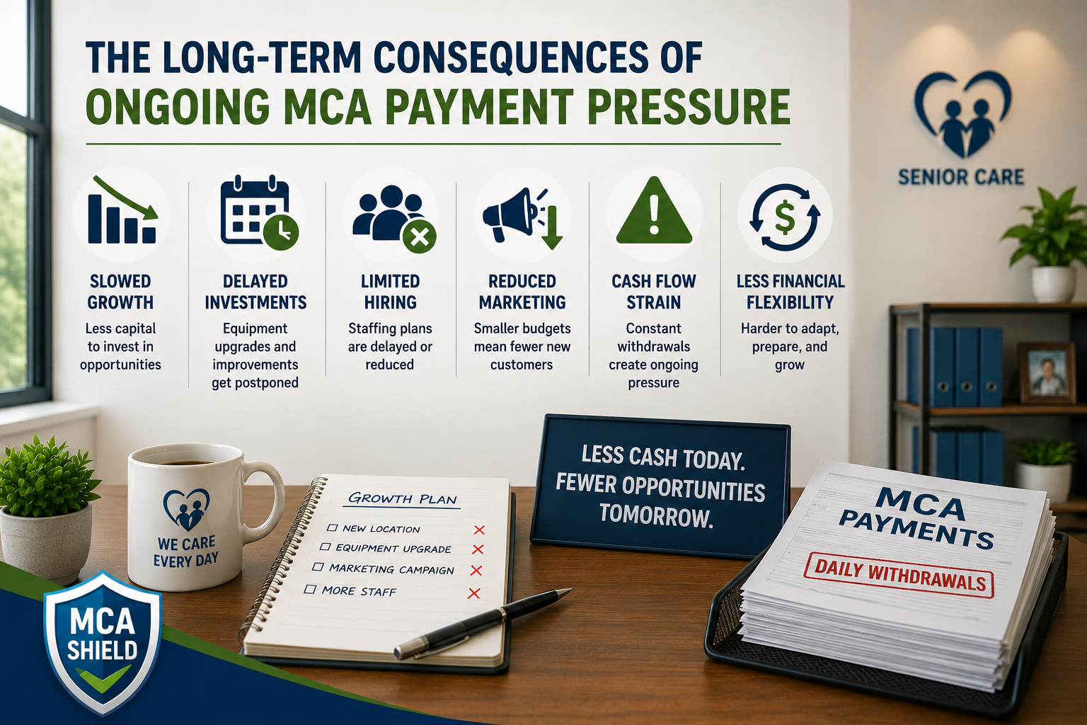 Horizontal infographic illustrating the long-term consequences of ongoing MCA payment pressure, including slowed growth, delayed investments, limited hiring, reduced marketing, cash flow strain, and reduced financial flexibility, with MCA Shield branding and a senior care office background.