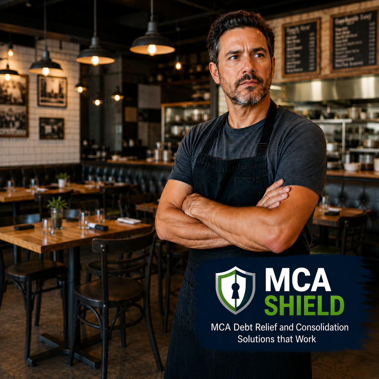 Restaurant owner standing confidently inside a restaurant dining area with MCA Shield branding, representing Merchant Cash Advance debt relief, debt consolidation solutions, cash flow protection, and business financial recovery.