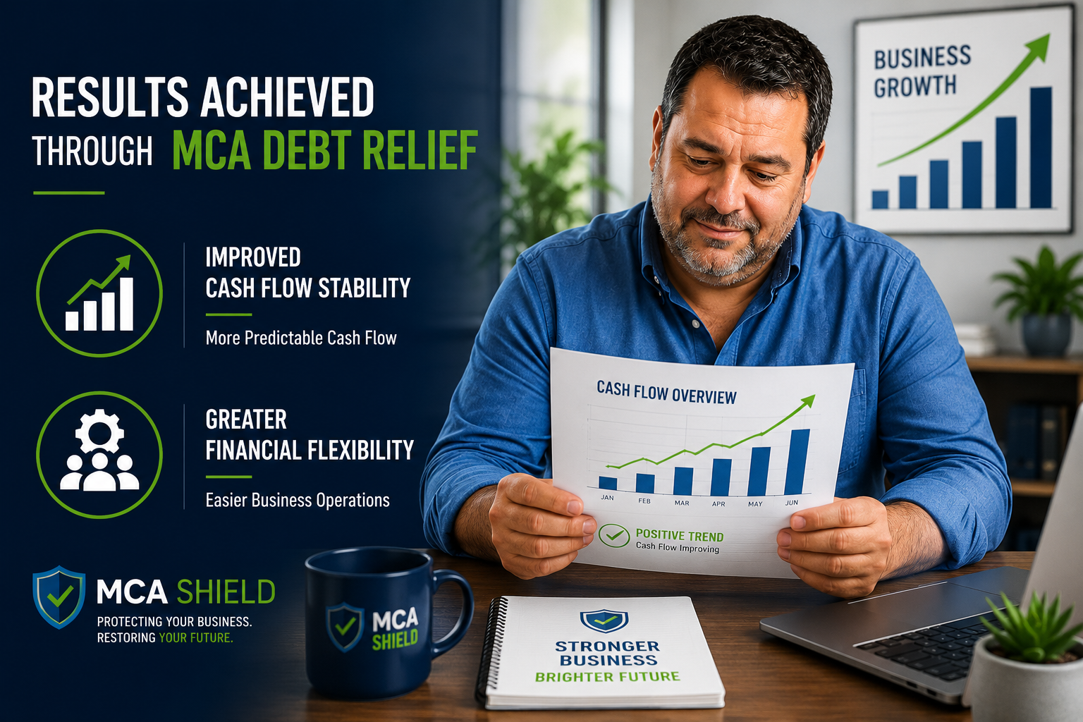 Business owner reviewing a positive cash flow report after completing an MCA debt relief strategy, now out of MCA Default