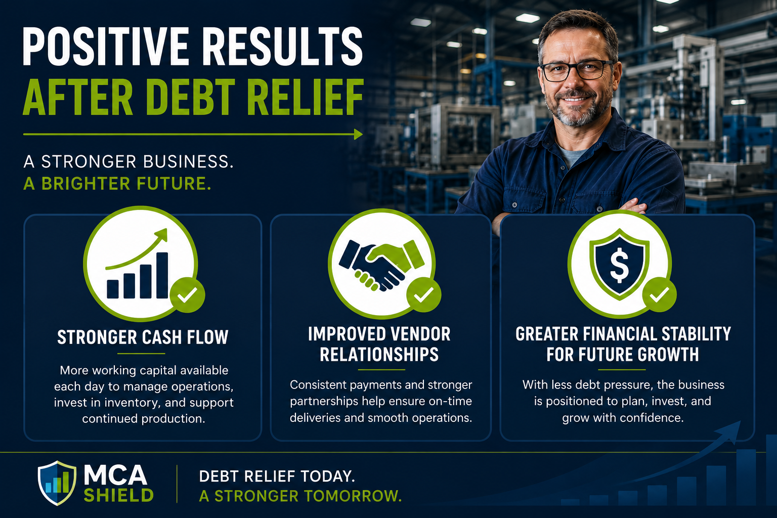 Smiling manufacturing business owner in a production facility with graphics highlighting positive debt relief results, including stronger cash flow, improved vendor relationships, and greater financial stability for future growth.