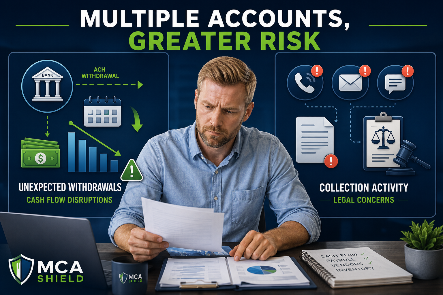 business owner reviewing financial documents while infographic panels illustrate the risks of multiple business bank accounts, including unexpected MCA withdrawals, cash flow disruptions, increased collection activity, and potential legal concerns