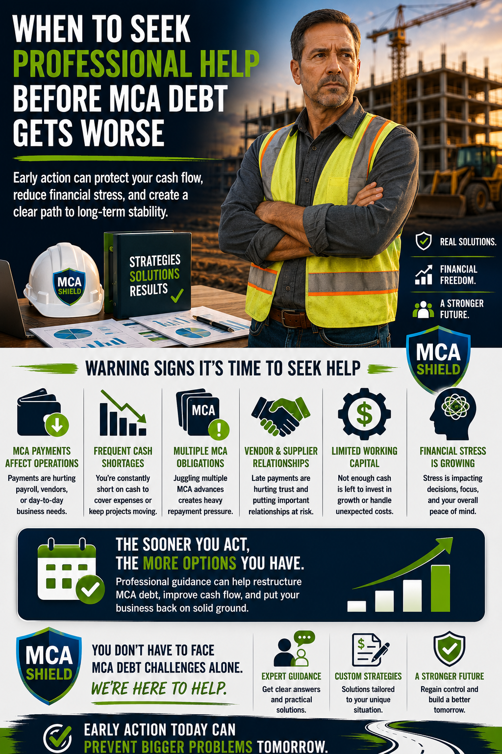 Vertical infographic showing a construction business owner wearing a safety vest at an active construction site, highlighting warning signs that it is time to seek professional help for MCA debt. The image features cash flow challenges, multiple MCA obligations, financial stress indicators, growth-focused solutions, and MCA Shield branding.