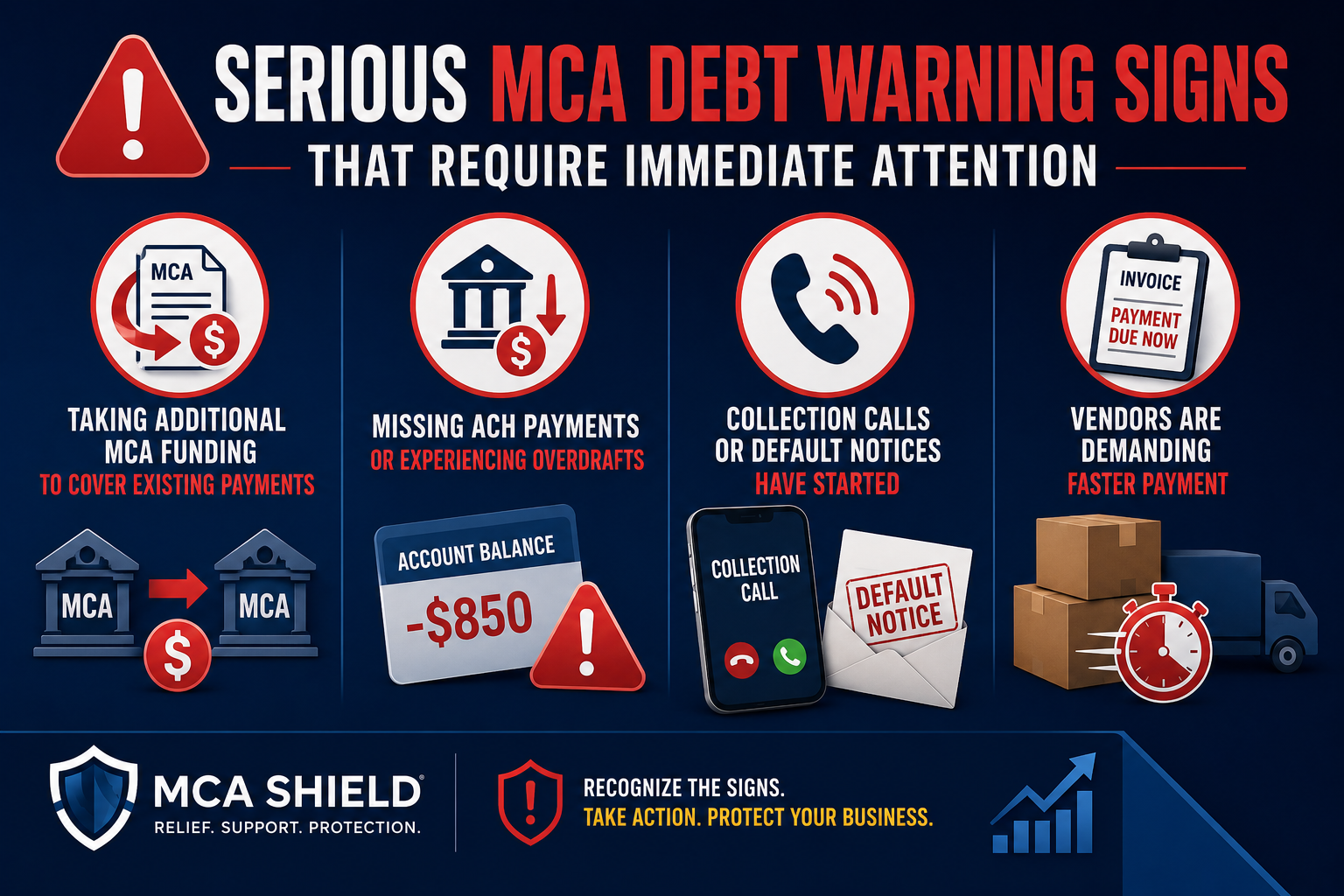 Infographic illustrating serious MCA debt warning signs, including stacked MCA funding, missed ACH payments, collection calls, default notices, and vendor payment demands.