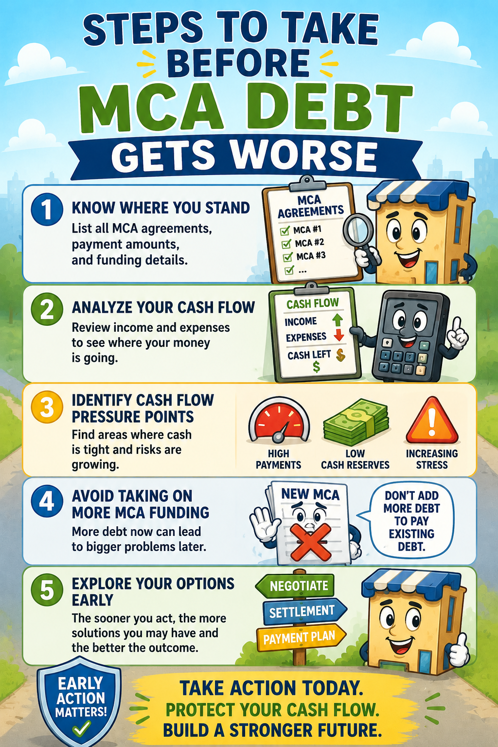 Colorful cartoon infographic outlining steps to take before MCA debt gets worse, including reviewing MCA agreements, analyzing cash flow, avoiding new MCA funding, and exploring relief options early.