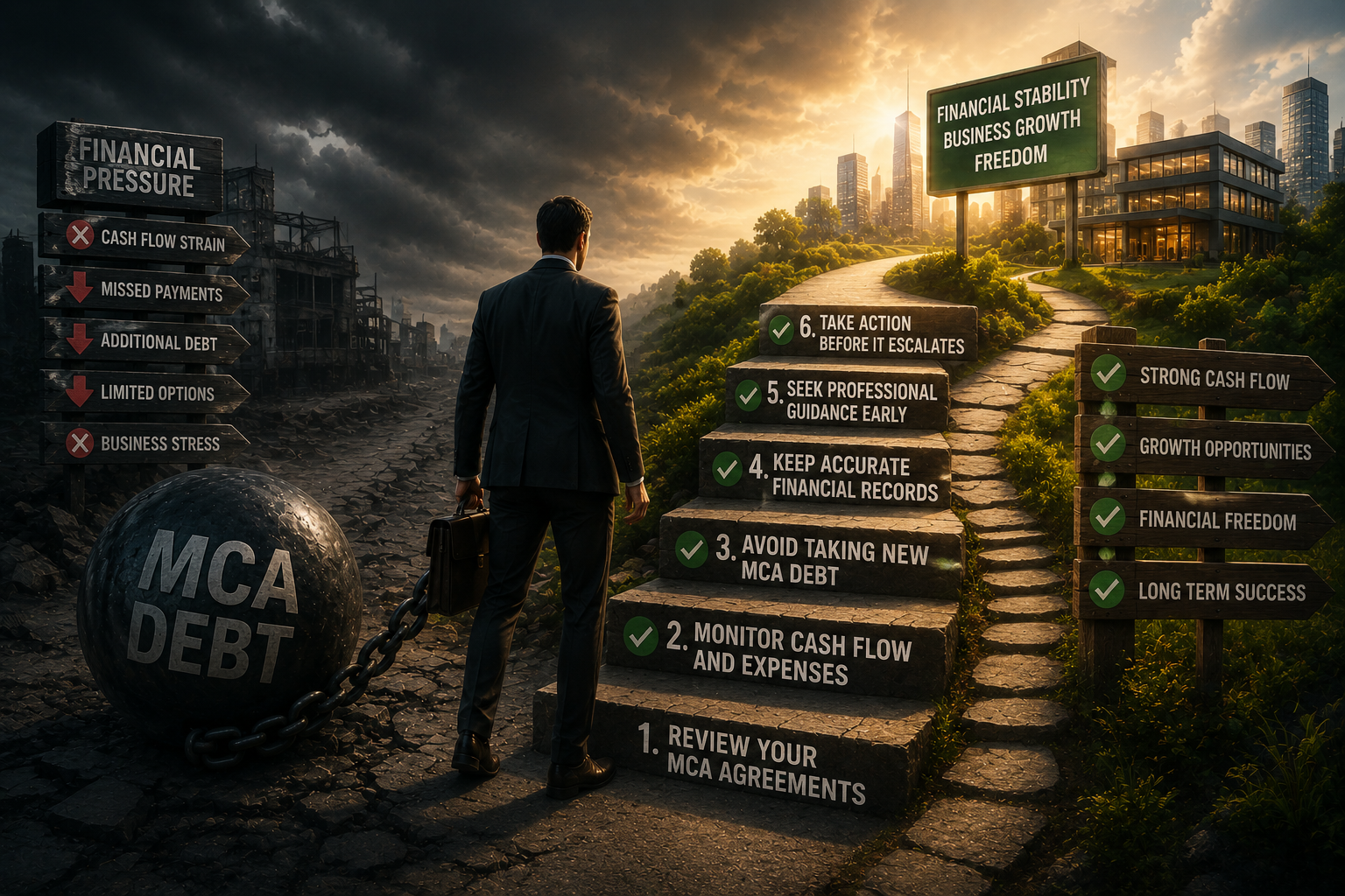 Cinematic illustration showing a business owner at a crossroads between MCA debt problems and financial stability. One path features cash flow struggles, missed payments, collection risks, and limited growth, while the other highlights strong cash flow, growth opportunities, debt relief options, and long-term financial freedom. The image symbolizes proactive steps businesses can take to avoid serious MCA debt problems and build a stronger future.
