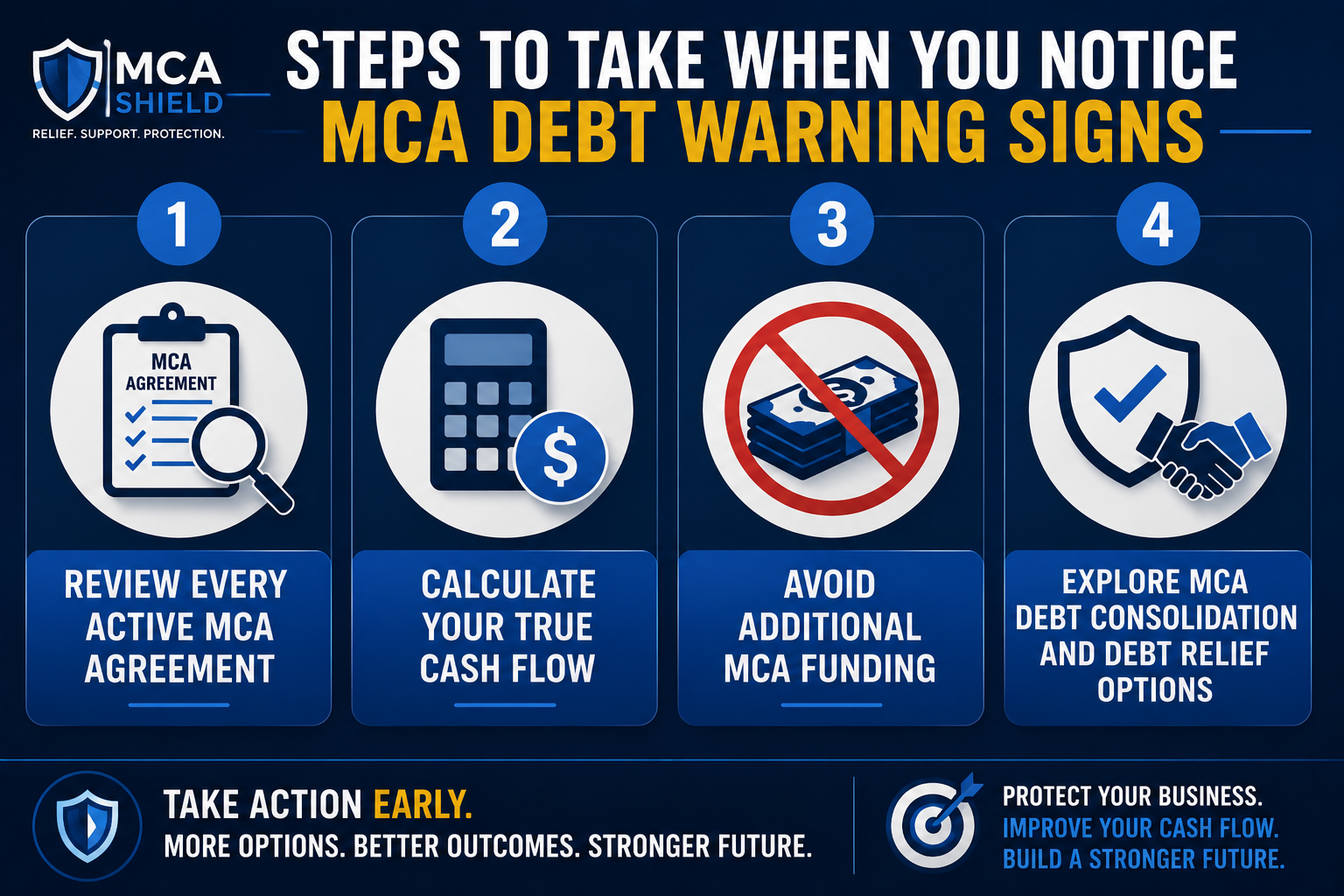 Infographic outlining four steps to address MCA debt warning signs: review MCA agreements, calculate cash flow, avoid additional MCA funding, and explore MCA debt consolidation and debt relief options.
