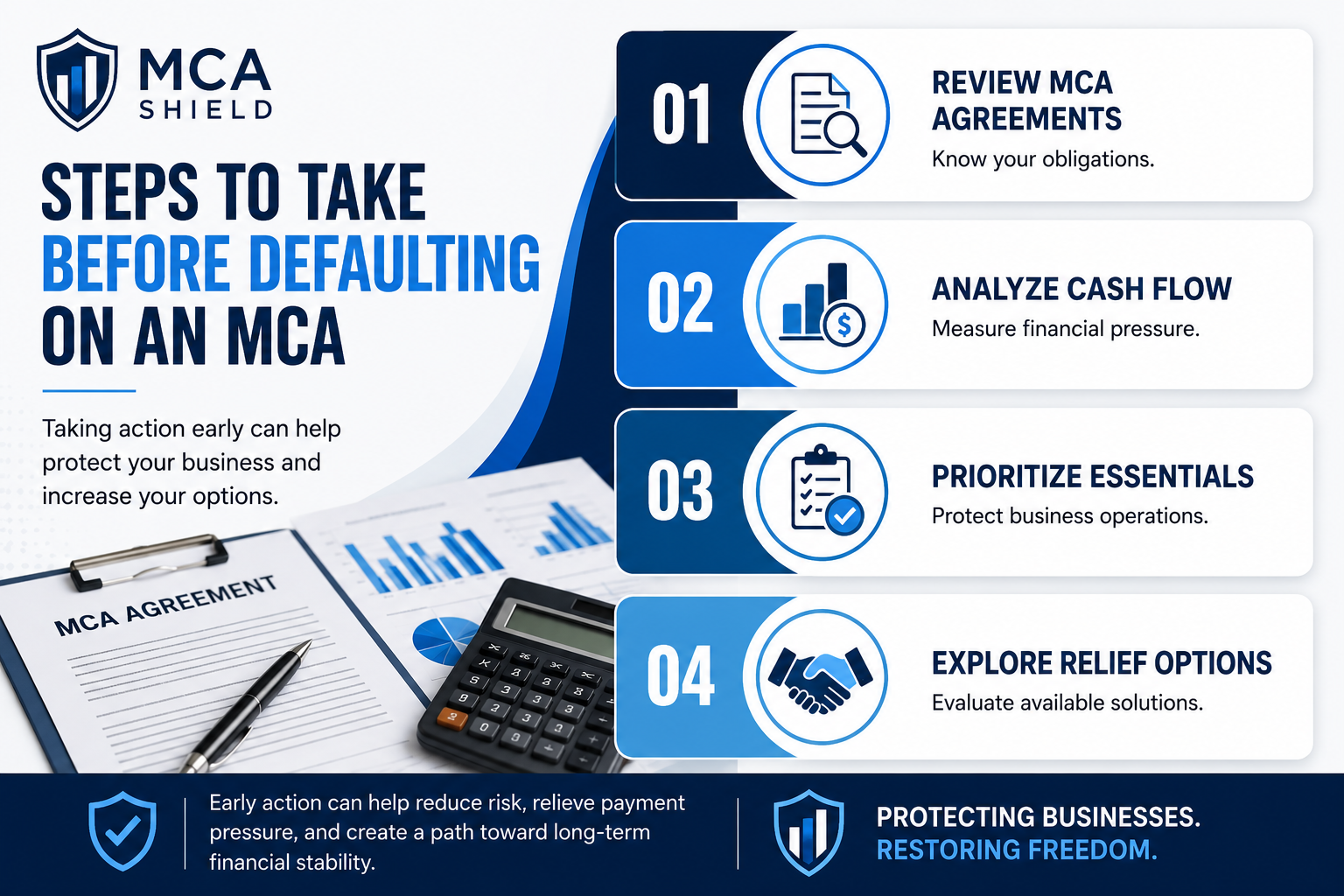 MCA Shield infographic Defaulting on a Merchant Cash Advance