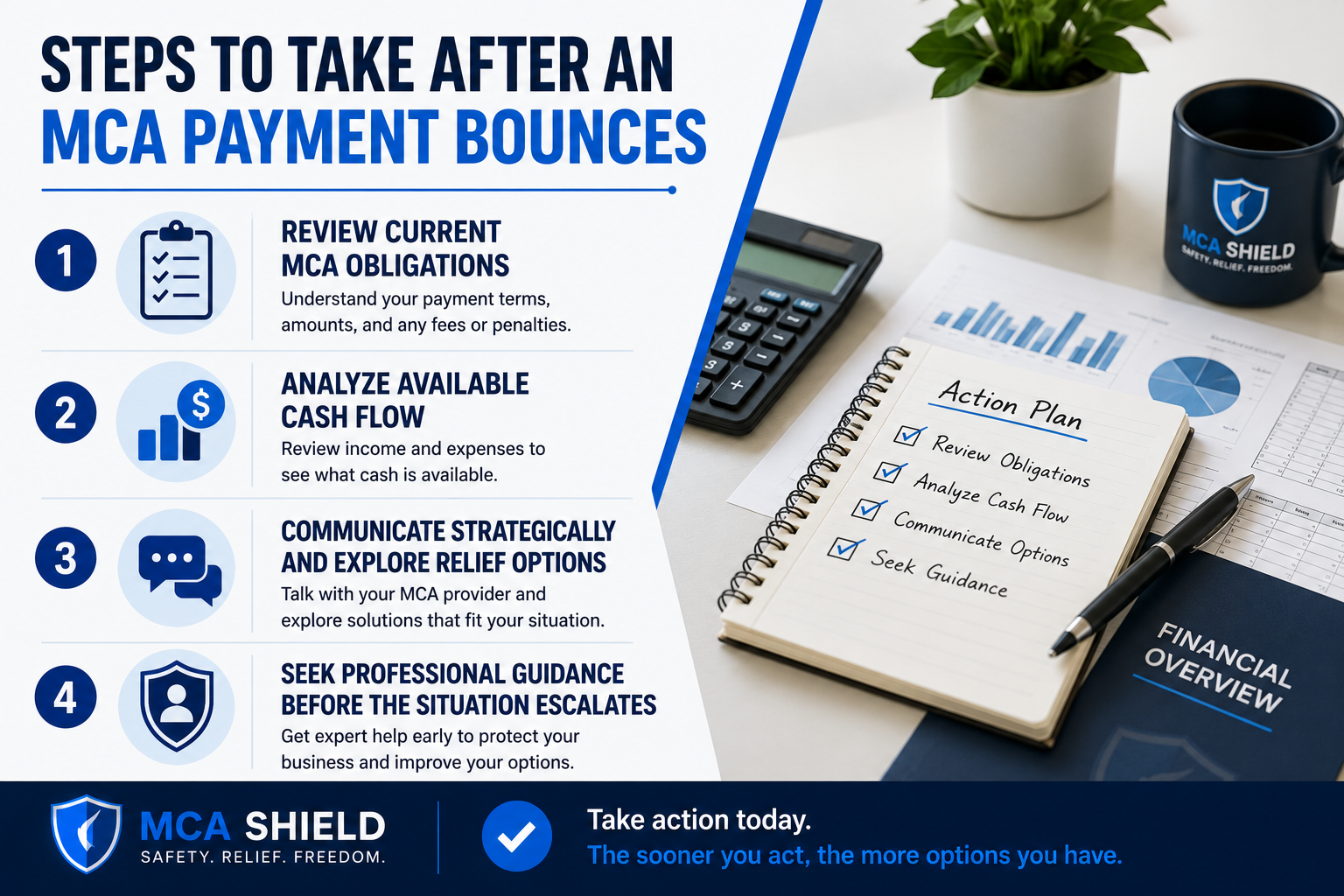 Professional infographic outlining steps to take after a bounced MCA payment, featuring a checklist, financial reports, calculator, and action plan notebook that highlights reviewing obligations, analyzing cash flow, exploring relief options, and seeking professional guidance.