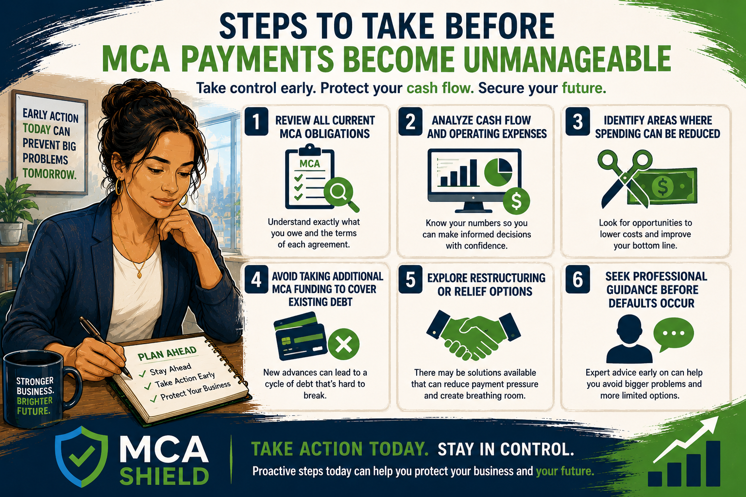 Illustrated retail business owner creating a plan to manage MCA debt, alongside six action steps including reviewing MCA obligations, analyzing cash flow, reducing expenses, avoiding additional funding, exploring restructuring options, and seeking professional guidance, with MCA Shield branding.