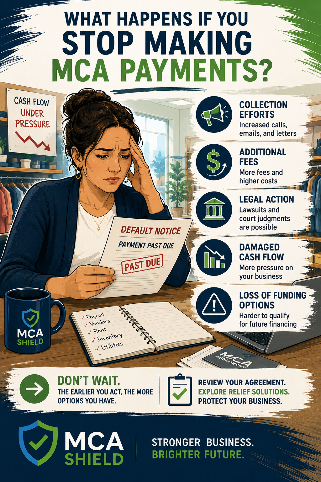 Illustrated retail store owner reviewing a default notice after stopping MCA payments, with graphics highlighting collection activity, fees, legal risks, and cash flow challenges alongside MCA Shield branding.