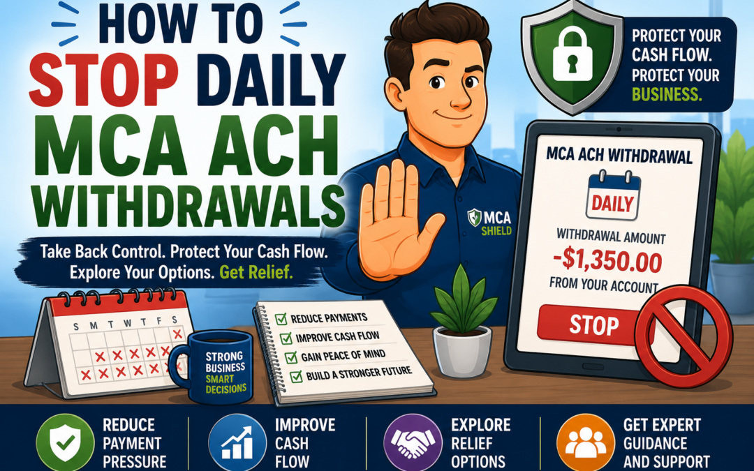 Featured image for How to Stop Daily MCA ACH Withdrawals showing MCA payment relief, blocked ACH withdrawals, cash flow protection, debt consolidation options, and strategies to reduce payment pressure for business owners.