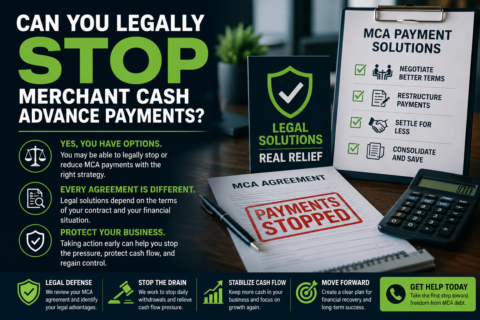 Professional infographic titled “Can You Legally Stop Merchant Cash Advance Payments?” featuring legal and financial solution visuals including a shield icon, MCA agreement paperwork stamped “Payments Stopped,” calculator, and a checklist of debt relief options such as negotiating better terms, restructuring payments, settling for less, and consolidating debt to help businesses regain financial control.