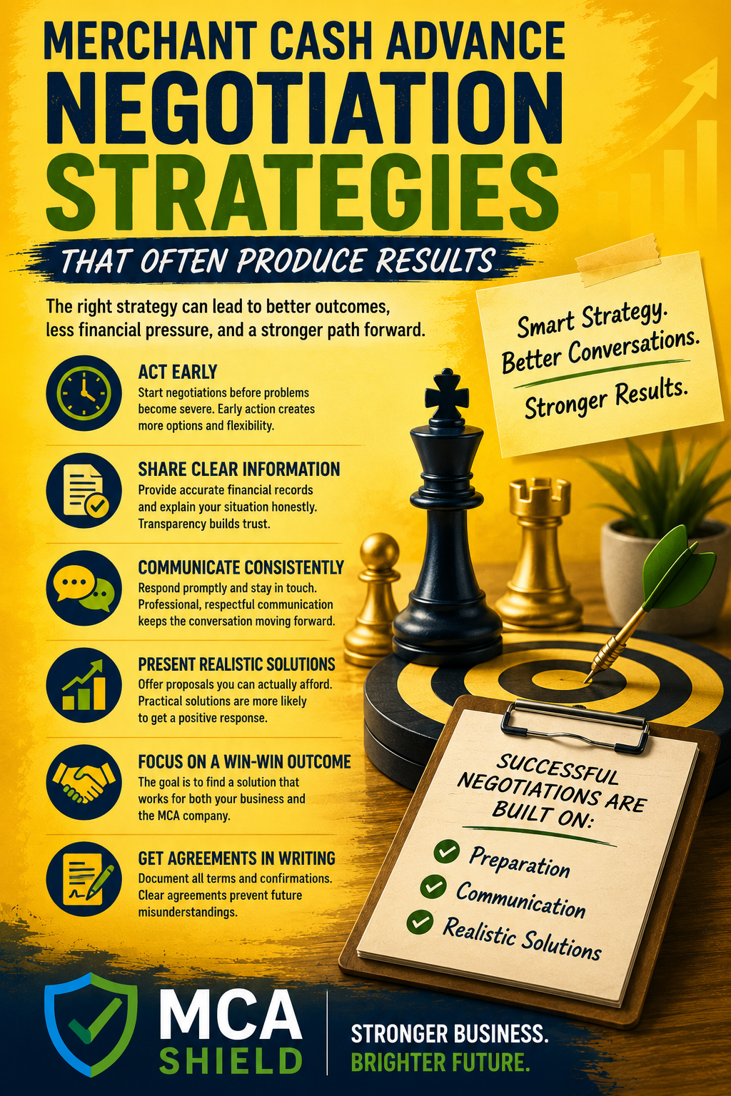 Yellow-themed infographic illustrating Merchant Cash Advance negotiation strategies, featuring preparation, communication, realistic solutions, and win-win outcomes, with chess pieces symbolizing strategy and MCA Shield branding.