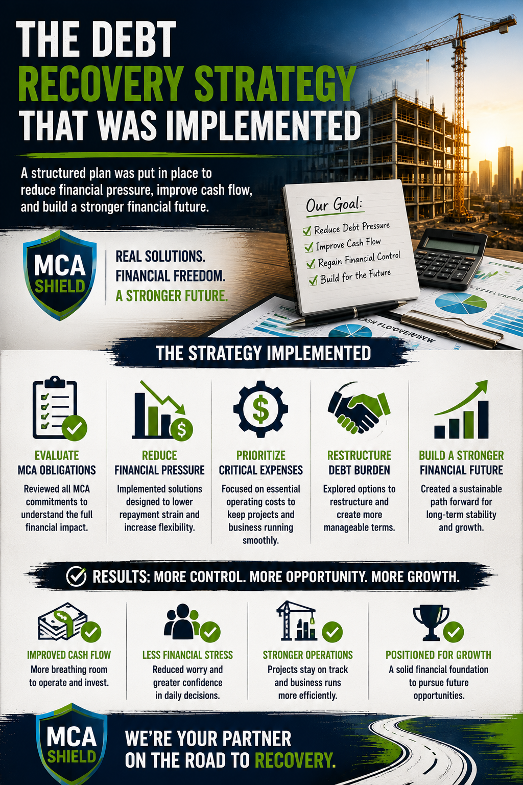 Vertical infographic illustrating a construction company debt recovery strategy, featuring a construction site background, financial planning tools, cash flow improvement goals, debt restructuring steps, and business recovery outcomes with MCA Shield branding.