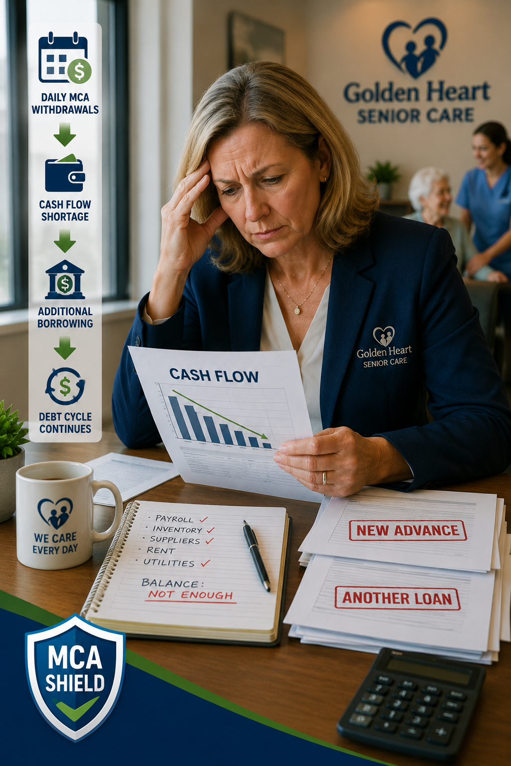 Senior care business owner reviewing declining cash flow while daily MCA withdrawals create shortages that lead to additional borrowing and a growing debt cycle.