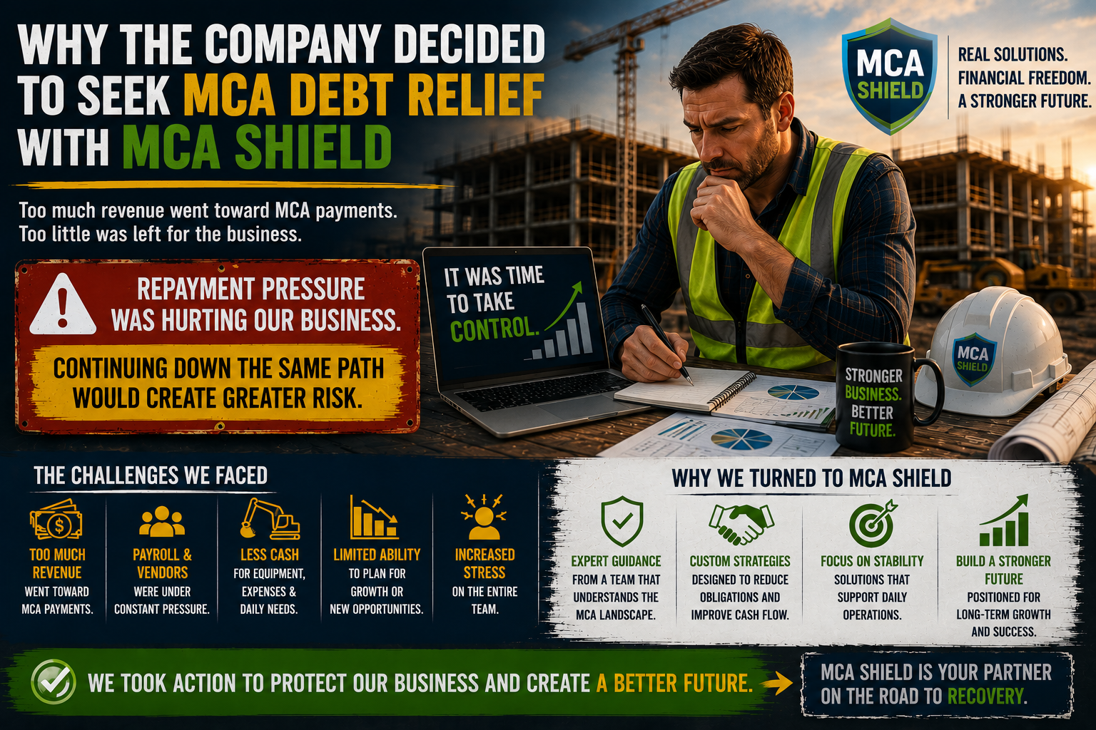 Horizontal infographic showing a construction company owner reviewing financial reports at a job site while evaluating MCA debt relief options. The image highlights repayment pressure, cash flow challenges, business recovery strategies, and MCA Shield solutions designed to improve financial stability and support long-term growth.