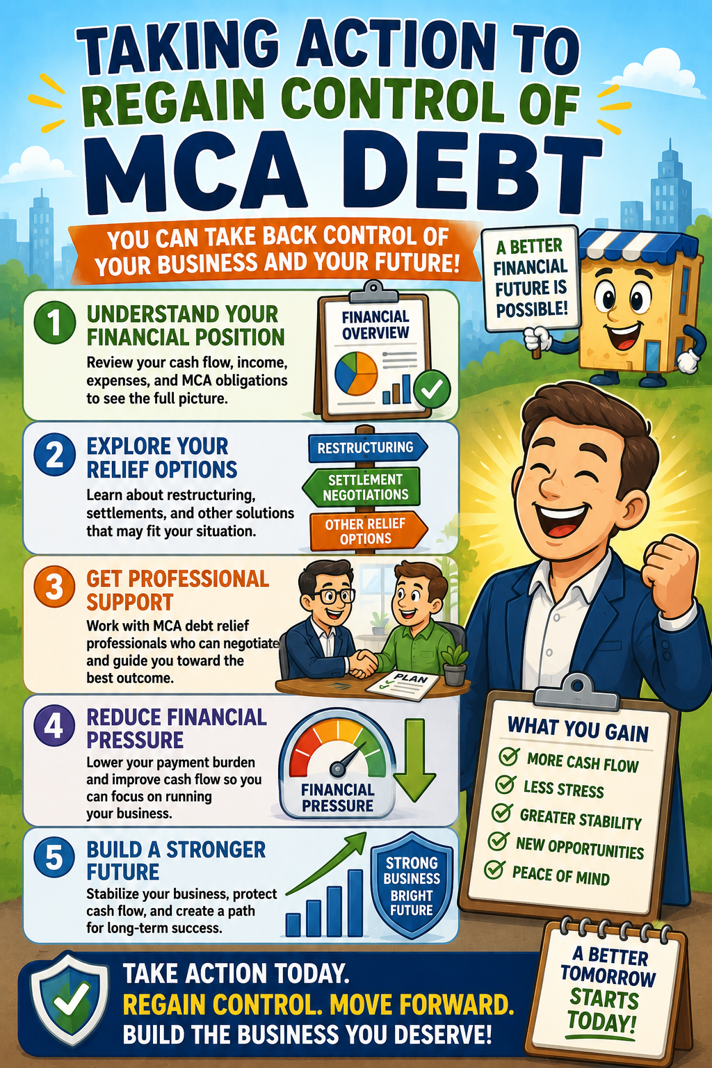 Colorful cartoon infographic showing a relieved business owner taking action to regain control of MCA debt through restructuring, settlement options, professional support, and improved cash flow management.