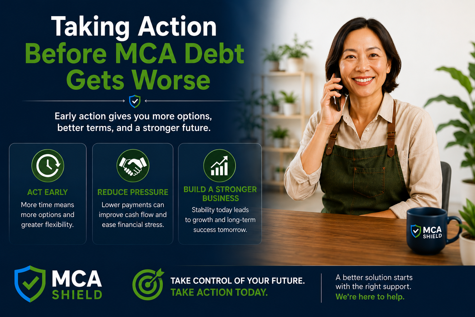Horizontal infographic encouraging early action before MCA debt gets worse, featuring a smiling small business owner speaking on the phone, alongside key benefits such as reducing payment pressure, improving cash flow, and building a stronger business.
