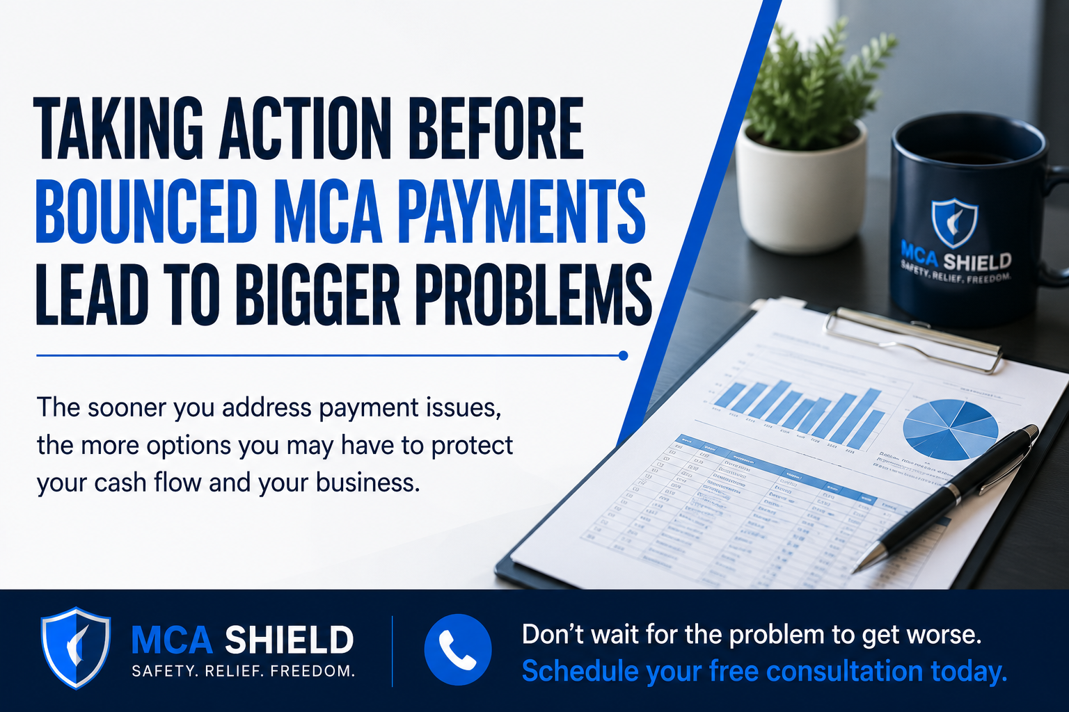 MCA Shield call-to-action graphic featuring the headline “Taking Action Before Bounced MCA Payments Lead to Bigger Problems,” alongside financial reports and a business planning workspace, encouraging business owners to address MCA payment issues early and schedule a free consultation.