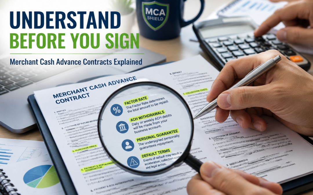Business owner reviewing a merchant cash advance contract with a magnifying glass highlighting key terms such as factor rate, ACH withdrawals, personal guarantee, and default provisions.