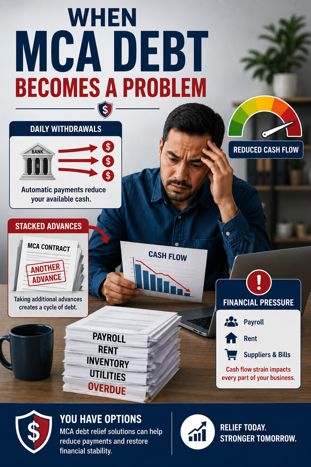 Understanding Merchant Cash Advance Debt Merchant Cash Advance debt causing reduced cash flow for a small business owner, highlighting daily withdrawals, stacked MCA advances, overdue bills, financial pressure, and the need for MCA debt relief solutions.