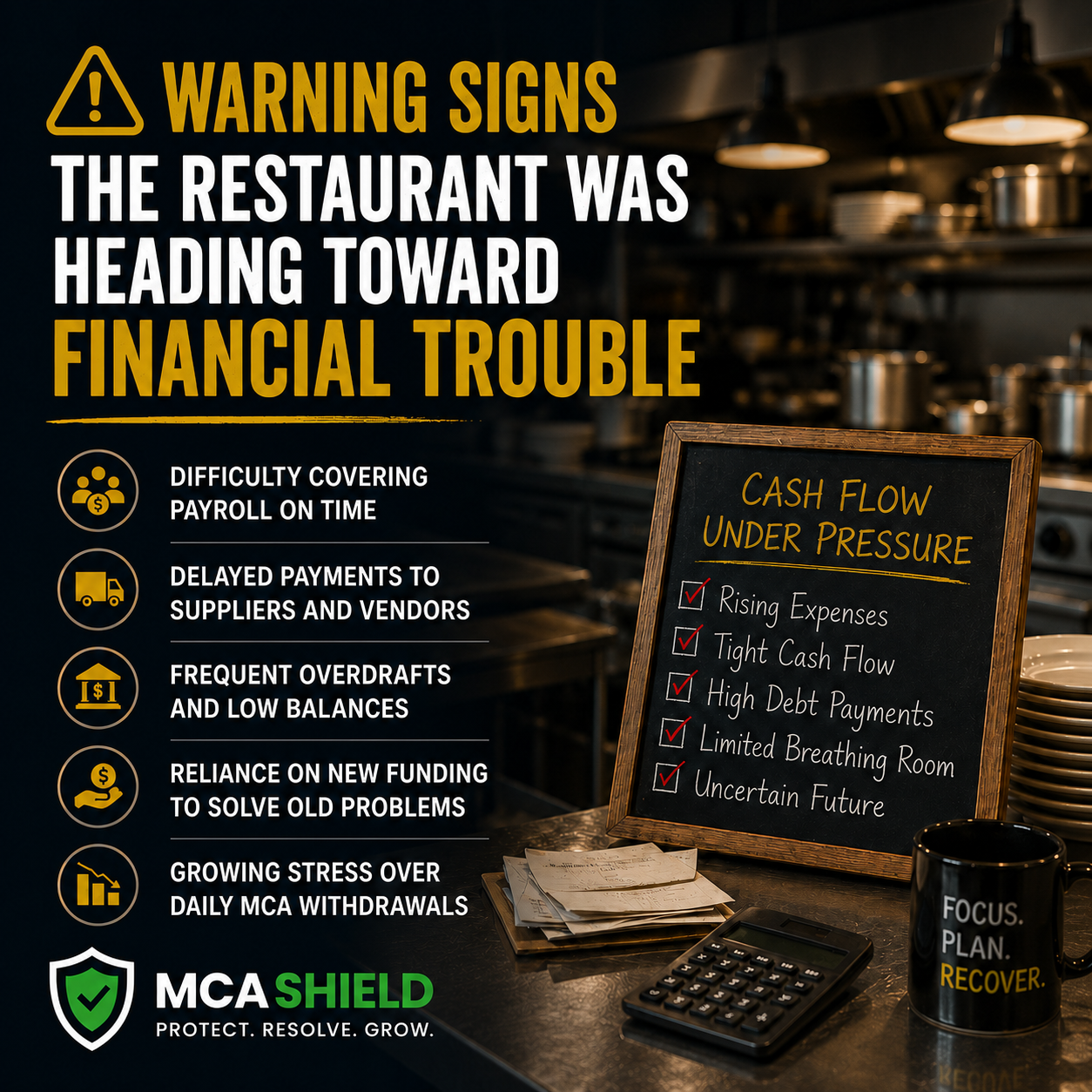 Restaurant financial warning infographic highlighting cash flow pressure, payroll challenges, vendor delays, and growing MCA payment stress, with MCA Shield branding in blue and green.