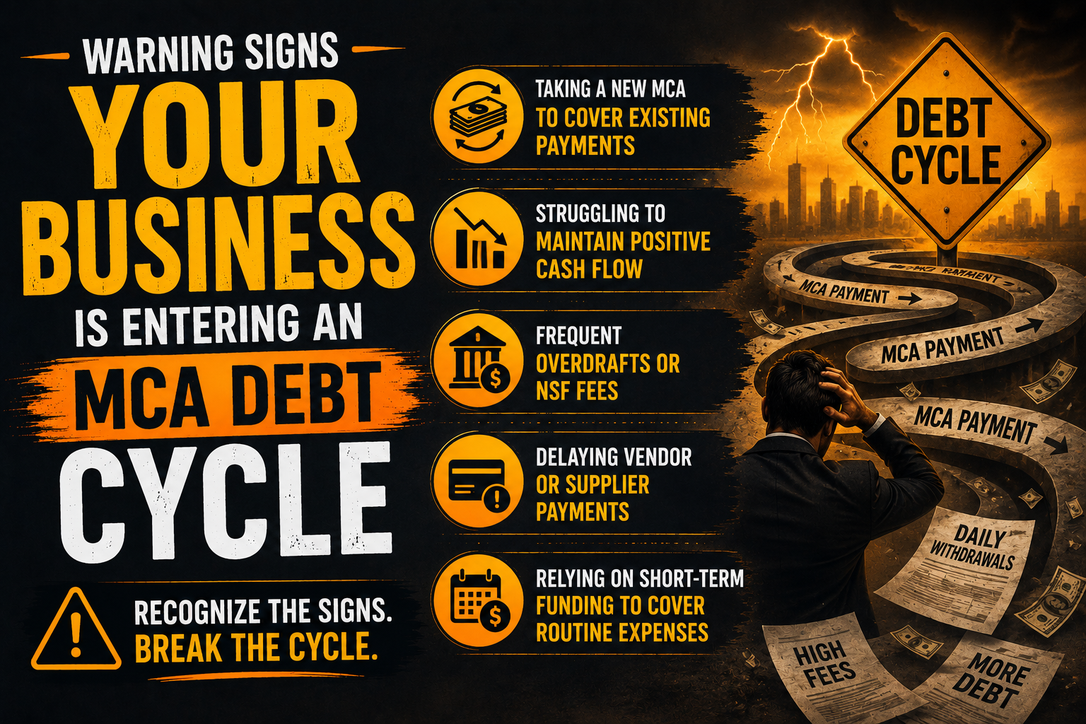 Warning signs infographic showing a business entering an MCA debt cycle, including cash flow problems, overdrafts, delayed vendor payments, and reliance on additional funding.