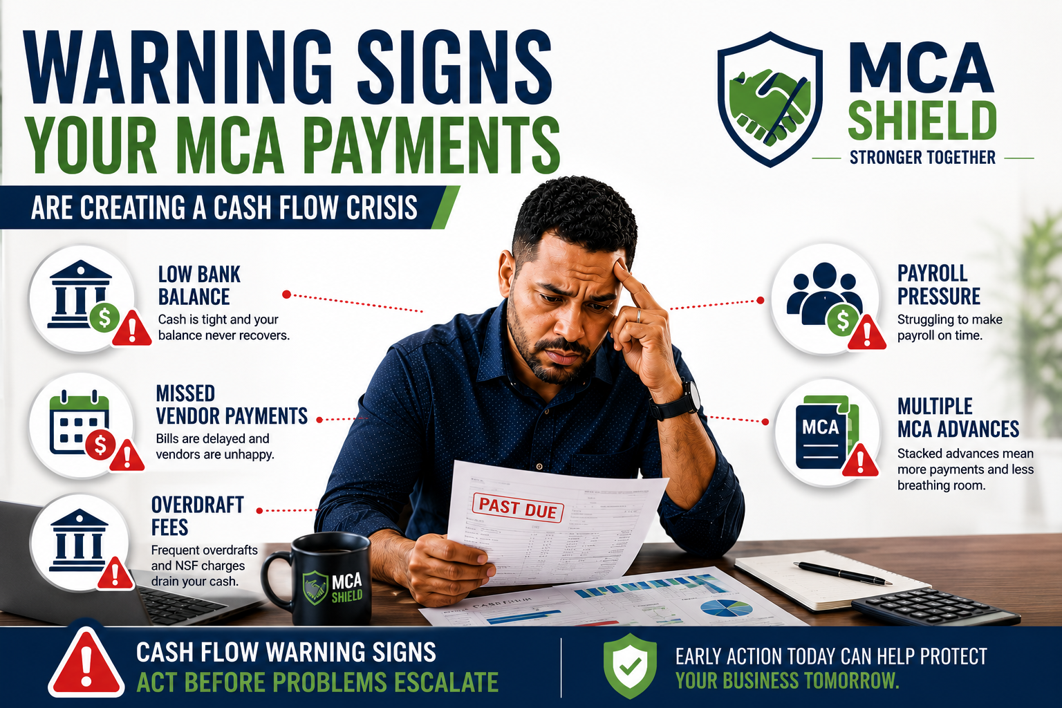 Business owner facing MCA cash flow problems with warning signs including low bank balances, payroll pressure, overdraft fees, vendor payment delays, and stacked Merchant Cash Advances.