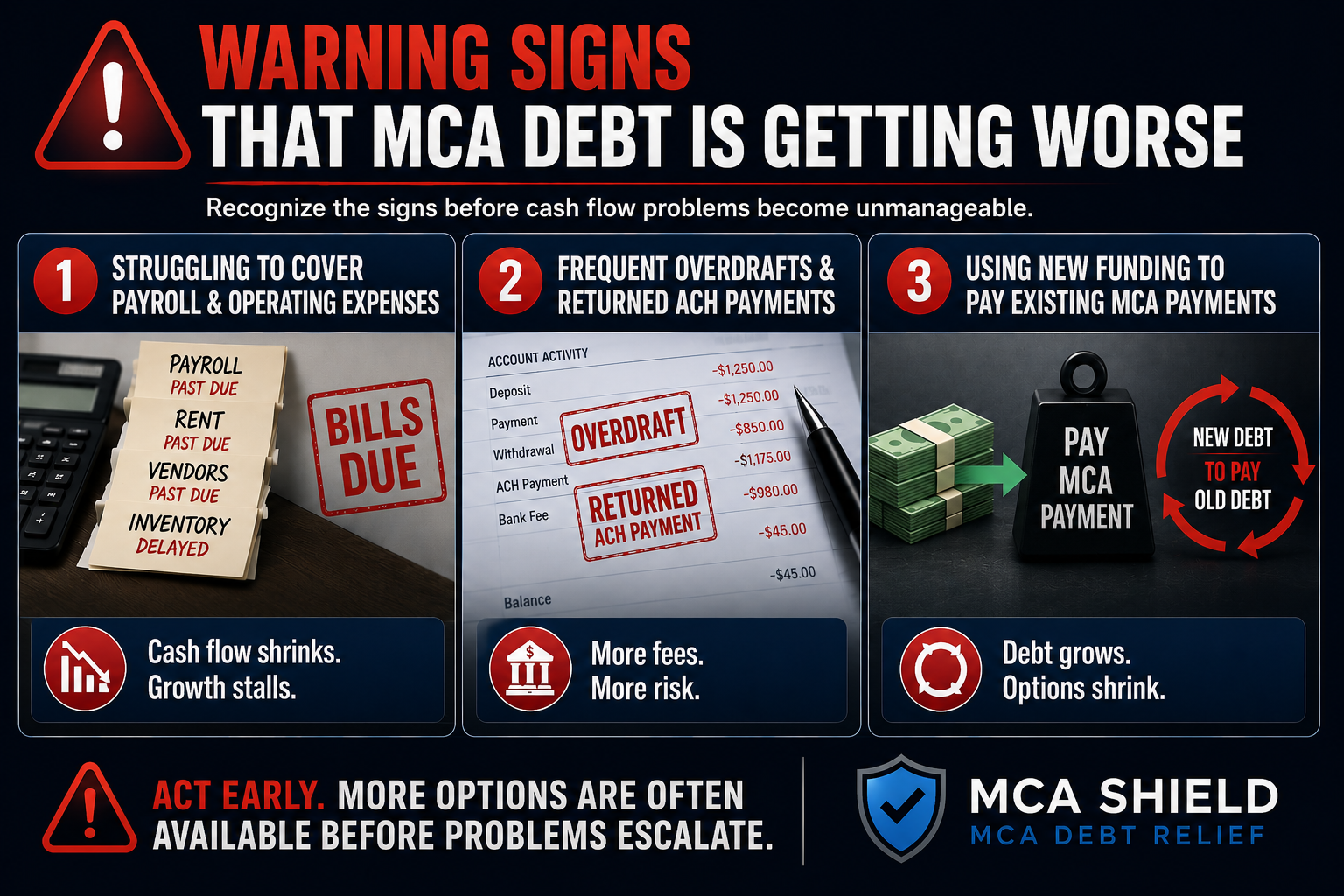 Infographic highlighting warning signs that MCA debt is getting worse, featuring three panels showing difficulty covering payroll and operating expenses, frequent overdrafts and returned ACH payments, and using new funding to pay existing MCA obligations. The graphic emphasizes shrinking cash flow, increasing fees and risk, growing debt, fewer available options, and includes the MCA Shield logo.