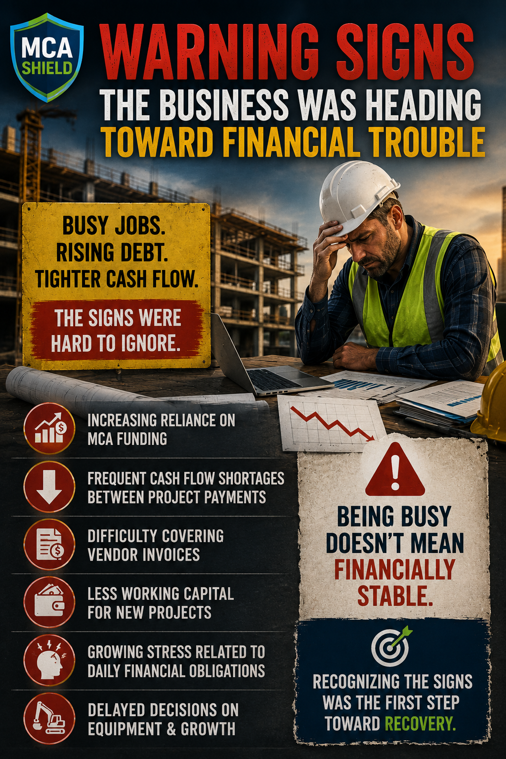Vertical infographic showing warning signs of financial trouble for a construction company, including rising debt, cash flow shortages, vendor payment challenges, reduced working capital, and growing financial stress, with MCA Shield branding and a construction site background.