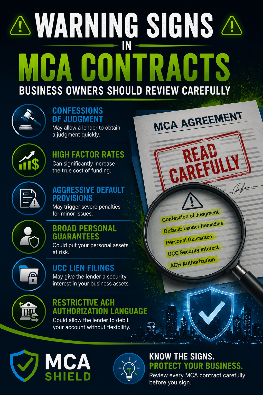 Vertical infographic highlighting warning signs in MCA contracts that business owners should review carefully. The image features a dark blue and green design with legal and financial icons representing Confessions of Judgment, high factor rates, aggressive default provisions, personal guarantees, UCC lien filings, and restrictive ACH authorizations. A magnifying glass focuses on key contract terms within an MCA agreement, while the MCA Shield logo appears at the bottom, reinforcing the importance of contract review and business protection.