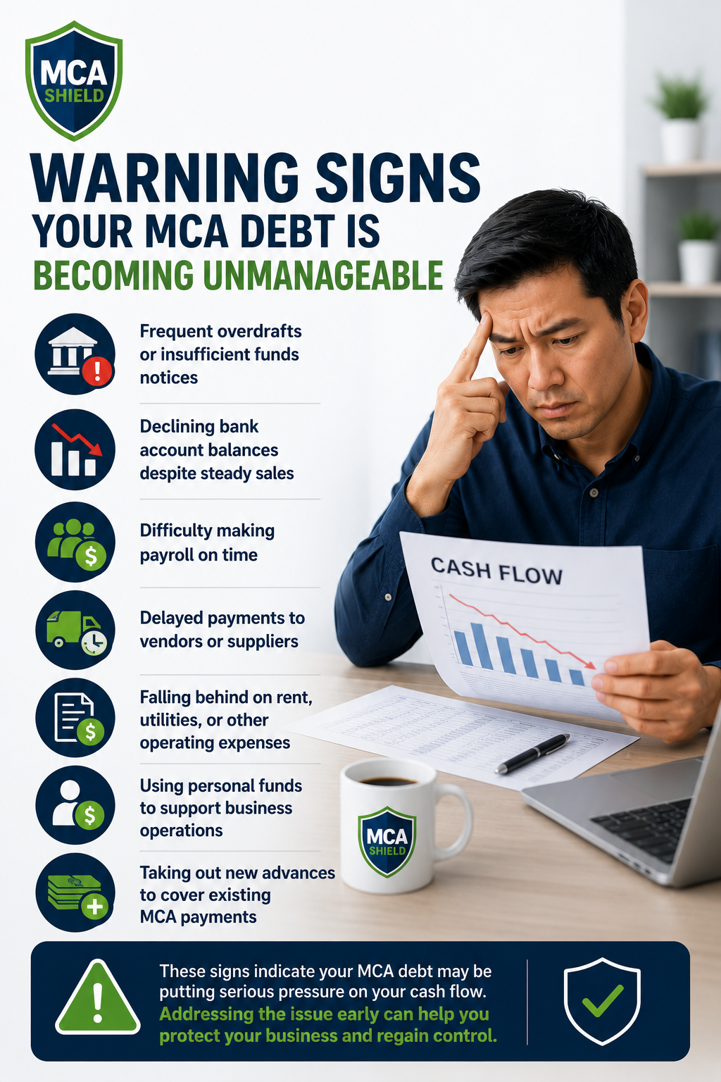 Warning Signs Business owner facing multiple MCA loans and MCA debt problems, including overdrafts, declining cash flow, vendor payment delays, and growing financial stress.