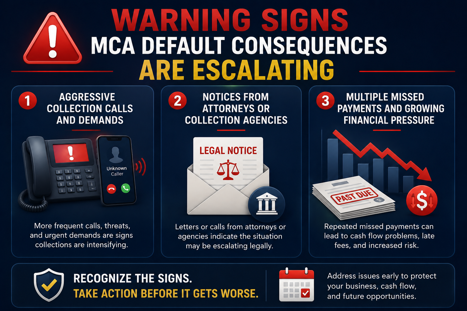 Infographic highlighting warning signs that merchant cash advance default consequences are escalating, including aggressive collection calls, attorney notices, and multiple missed payments causing increasing financial pressure.