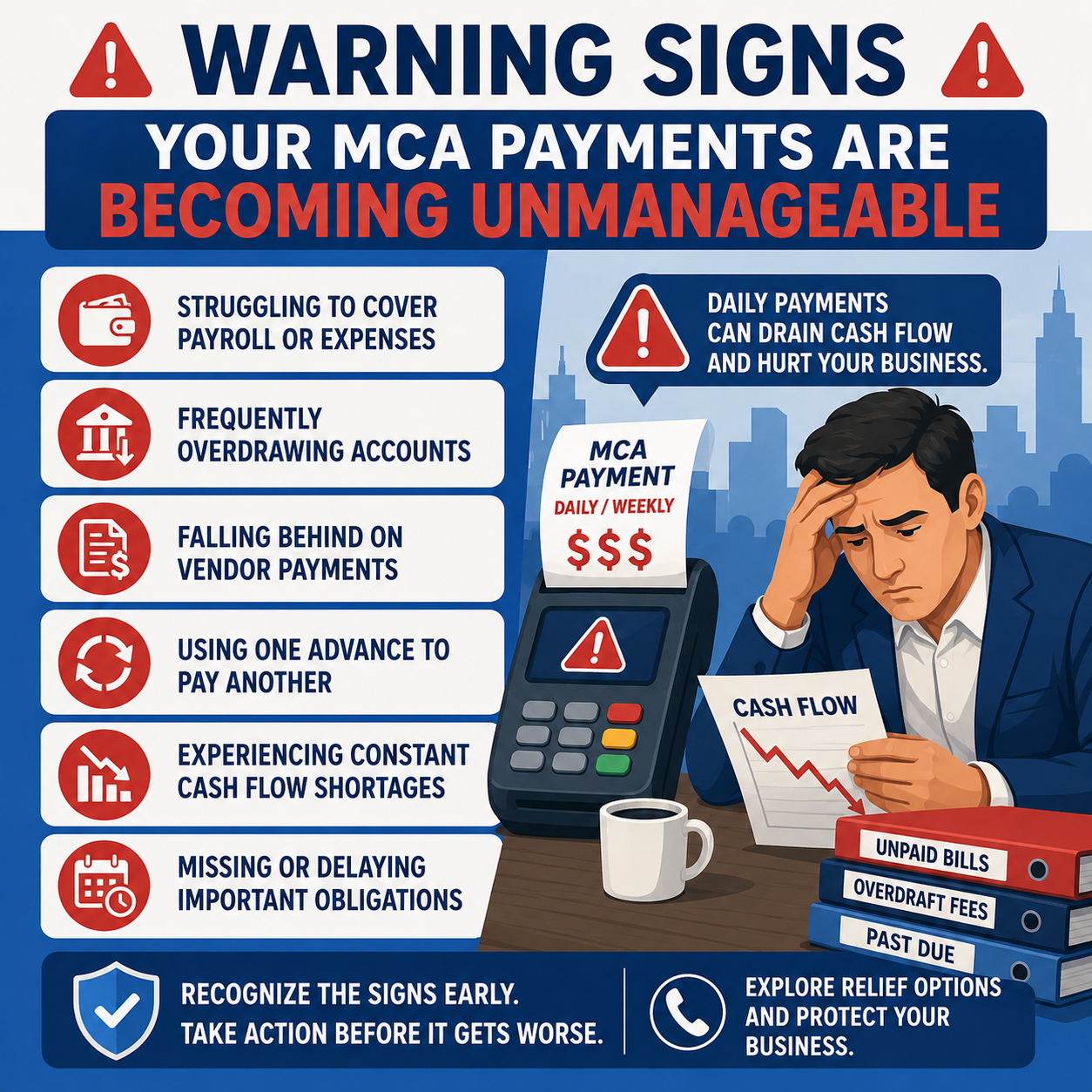 Warning signs that MCA payments are becoming unmanageable, including cash flow shortages, overdraft fees, missed obligations, vendor payment issues, and stacked debt creating financial pressure on a business owner.