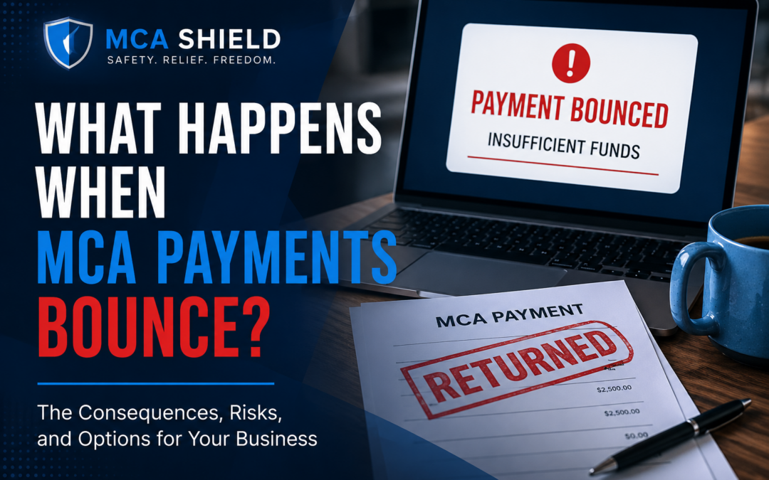 Laptop displaying a bounced MCA payment alert with insufficient funds notification, alongside a returned payment document on a desk, illustrating the financial risks and consequences businesses may face when merchant cash advance payments bounce.