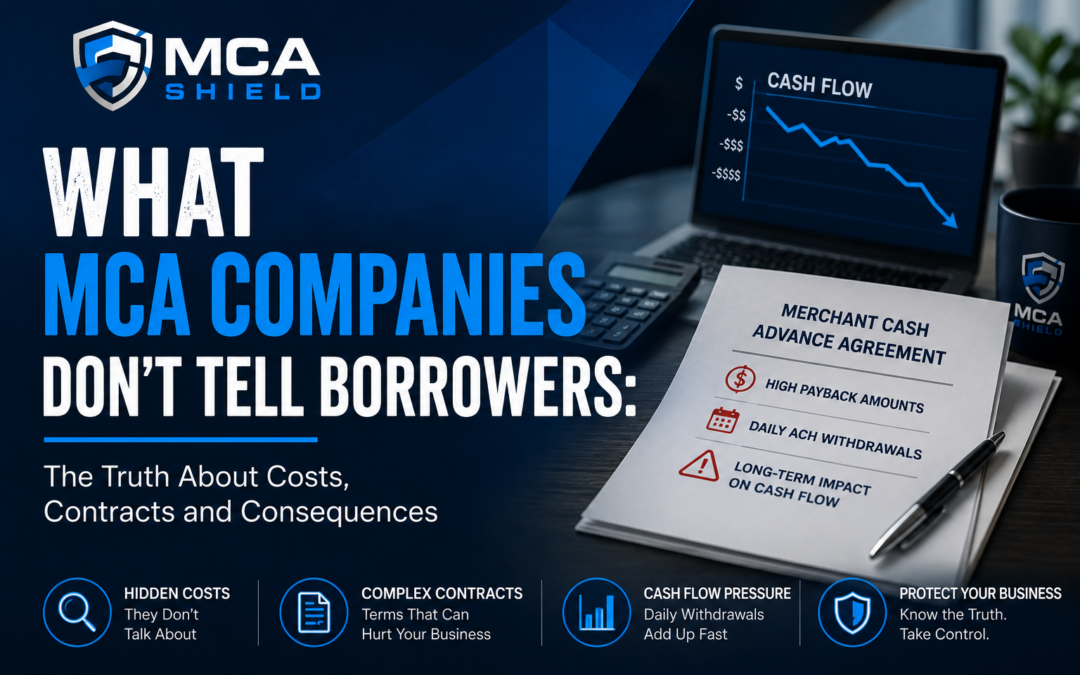 Featured image for "What MCA Companies Don't Tell Borrowers" showing a business owner reviewing a merchant cash advance agreement beside a declining cash flow chart, highlighting hidden MCA costs, contract terms, daily ACH withdrawals, and financial risks.