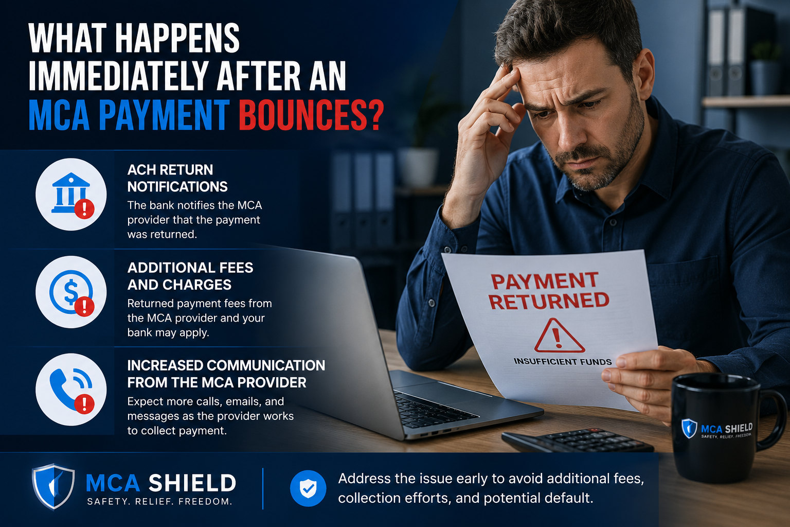 Business owner reviewing a returned MCA payment notice at his desk, with visual highlights showing ACH return notifications, additional fees, and increased communication from the MCA provider after a bounced merchant cash advance payment.