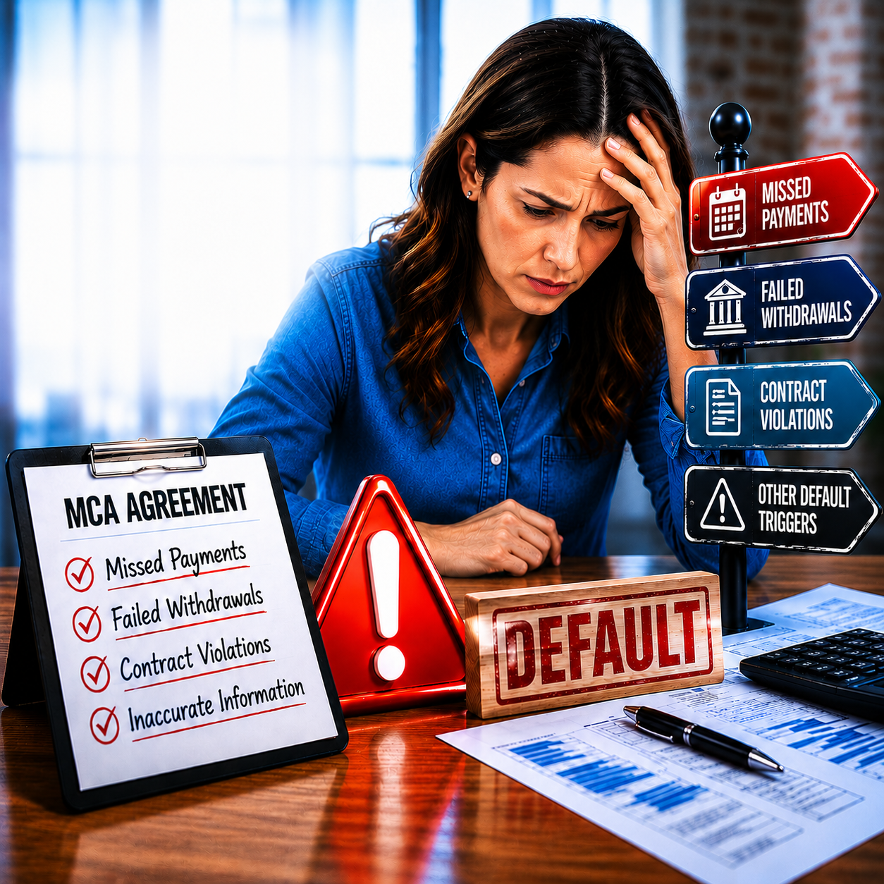 Concerned businesswoman reviewing MCA debt documents beside a default warning sign, illustrating merchant cash advance default risks, missed payments, and financial pressure on small businesses.