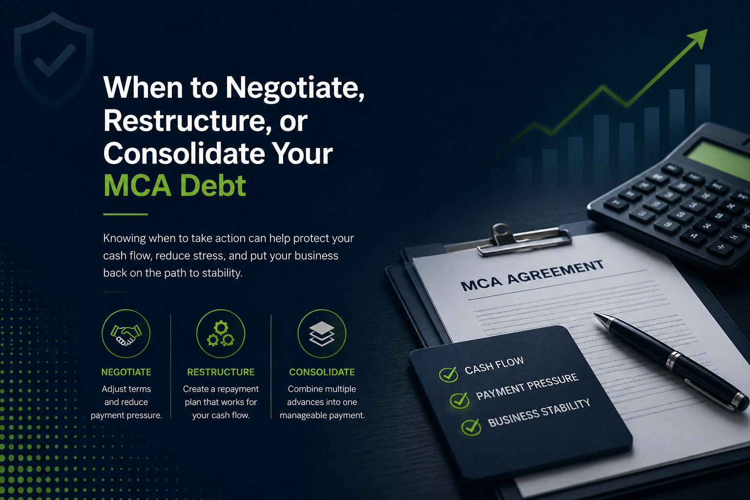 Professional financial infographic titled “When to Negotiate, Restructure, or Consolidate Your MCA Debt” featuring a dark blue and green corporate design with an MCA agreement, calculator, checklist, upward growth chart, and icons representing negotiation, debt restructuring, and consolidation strategies for merchant cash advance debt relief and business cash flow recovery.