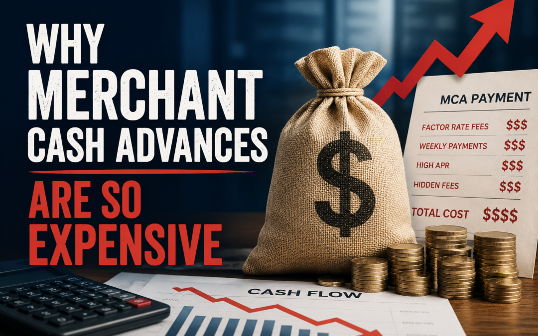 Merchant Cash Advance costs illustrated with factor rates, fees, cash flow strain, and rising repayment expenses for small businesses.