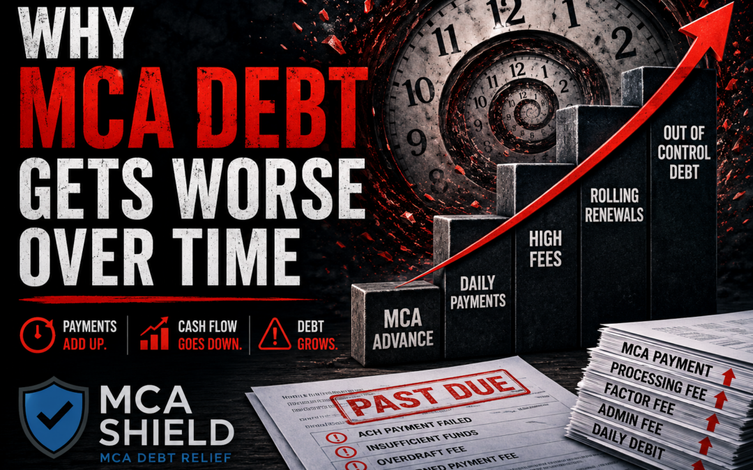 Featured image for "Why MCA Debt Gets Worse Over Time" showing a dramatic upward debt cycle with a rising red arrow, escalating debt blocks labeled daily payments, high fees, rolling renewals, and out-of-control debt, a spiral clock symbolizing time, past-due notices, stacked MCA payment documents, and the MCA Shield logo in the lower-left corner.