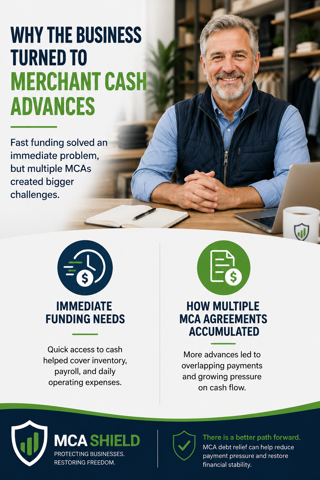 Gray-haired retail business owner seated at a desk in his store while a graphic explains why the business turned to merchant cash advances. The infographic highlights immediate funding needs and how multiple MCA agreements accumulated over time, creating increased payment pressure and cash flow challenges. MCA Shield branded graphic.