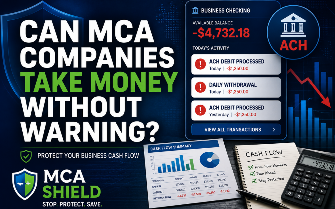 Graphic illustrating unexpected merchant cash advance withdrawals with ACH debit alerts, negative business checking account balance, cash flow reports, calculator, and financial warning indicators alongside MCA Shield branding.