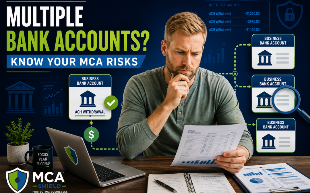 business owner with a beard reviewing financial documents at his desk while multiple business bank account icons and ACH withdrawal graphics illustrate concerns about MCA companies accessing multiple bank accounts