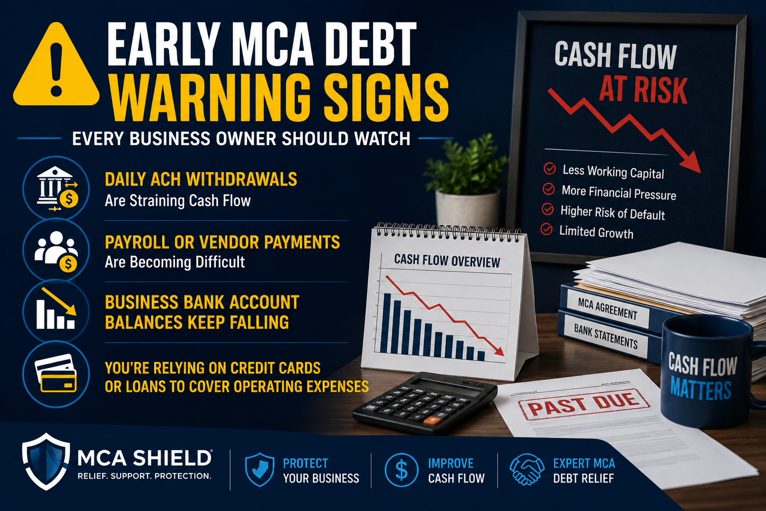 Infographic highlighting early MCA debt warning signs, including daily ACH withdrawals, payroll difficulties, declining business bank balances, and cash flow challenges for business owners.