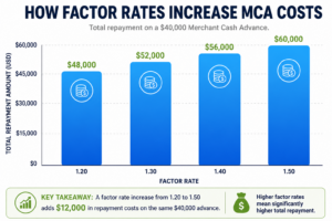 How factor rates increase MCA costs infographic showing the relationship between Merchant Cash Advance factor rates and total repayment amounts, helping business owners understand the true cost of MCA funding.