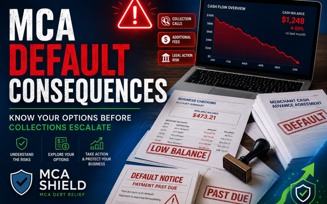 Illustration of merchant cash advance default consequences showing default notices, collection warnings, declining cash flow, low bank balances, legal risk indicators, and MCA Shield debt relief solutions.
