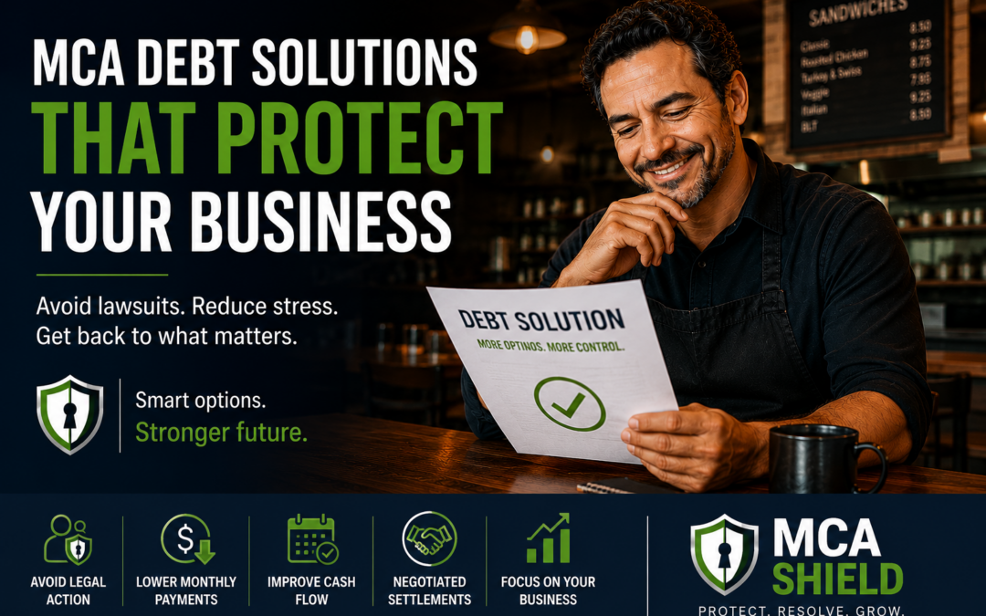 Restaurant owner reviewing MCA debt relief solutions with confidence, highlighting debt consolidation, lower payments, improved cash flow, negotiated settlements, and strategies to avoid legal action while protecting business growth.