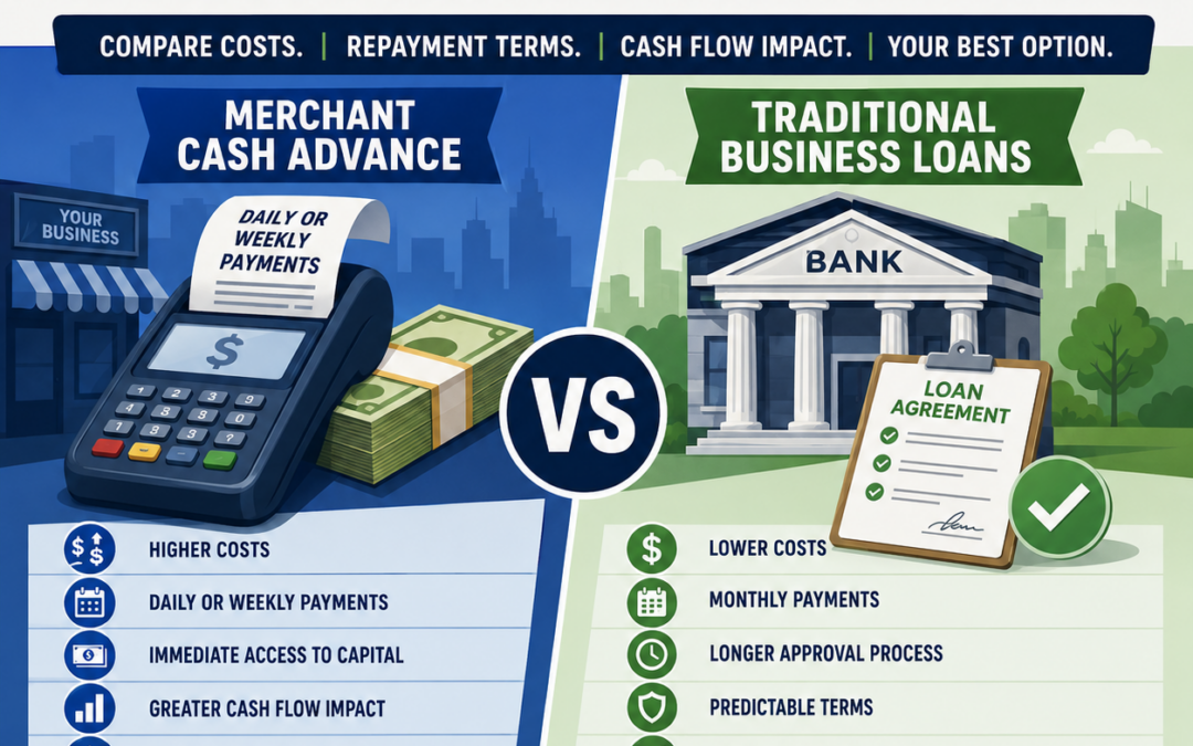 Illustrated comparison of Merchant Cash Advance versus Traditional Business Loans, highlighting differences in costs, repayment schedules, approval requirements, cash flow impact, and financing structure to help business owners choose the best funding option.