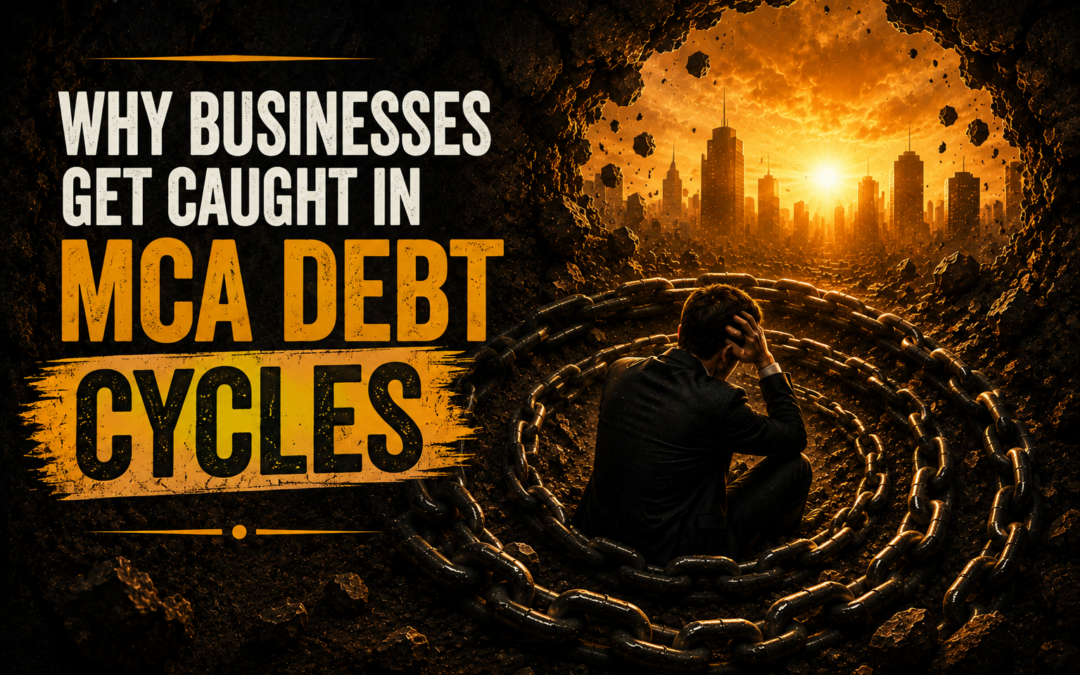 Featured image showing a business owner trapped inside a spiral of heavy chains while looking toward a distant city skyline, symbolizing how businesses get caught in MCA debt cycles and struggle to break free.